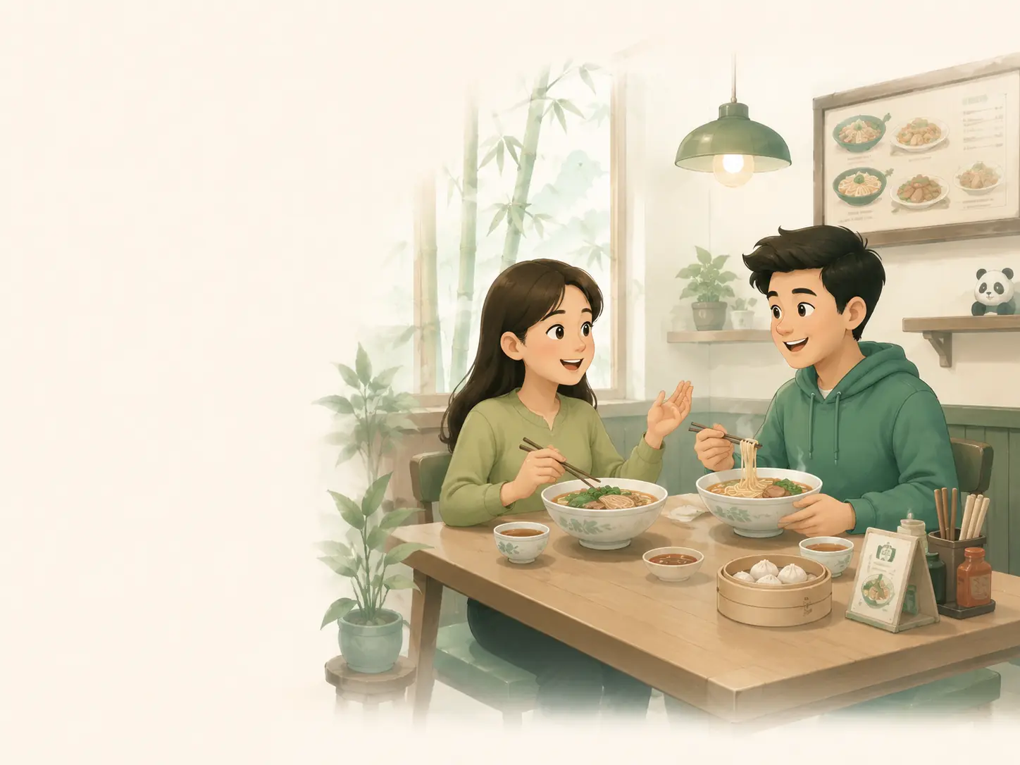 Two Chinese learners talking about food in a restaurant